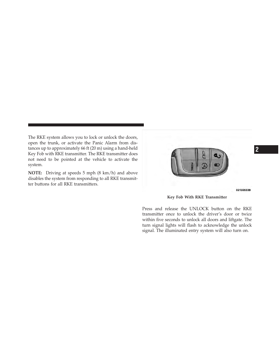 Remote keyless entry (rke), To unlock the doors and liftgate | Dodge 2012 Journey - Owner Manual User Manual | Page 23 / 603