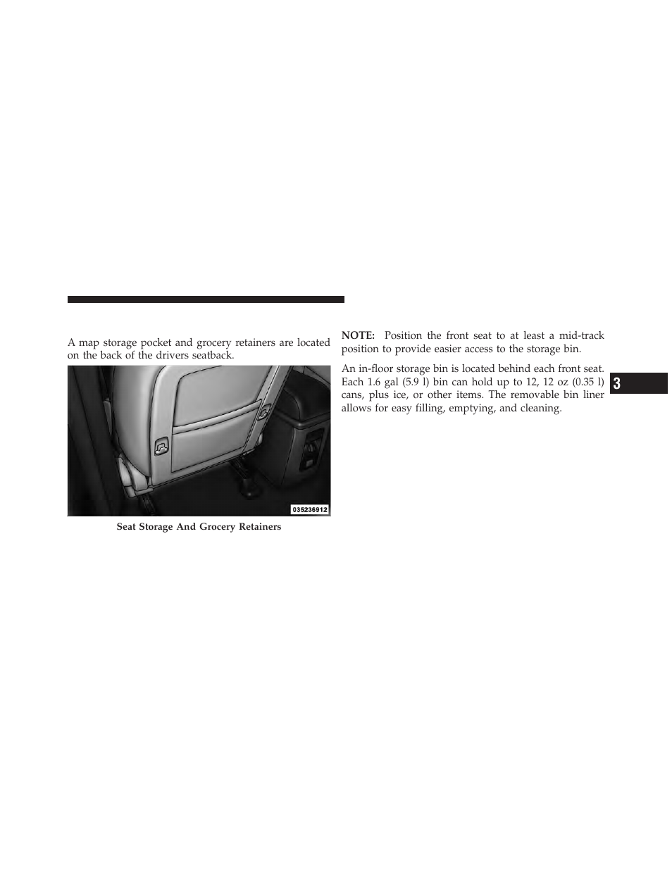 In-floor storage bin with removable liner, Second-row map pocket and grocery, Retainers — if equipped | Dodge 2012 Journey - Owner Manual User Manual | Page 257 / 603