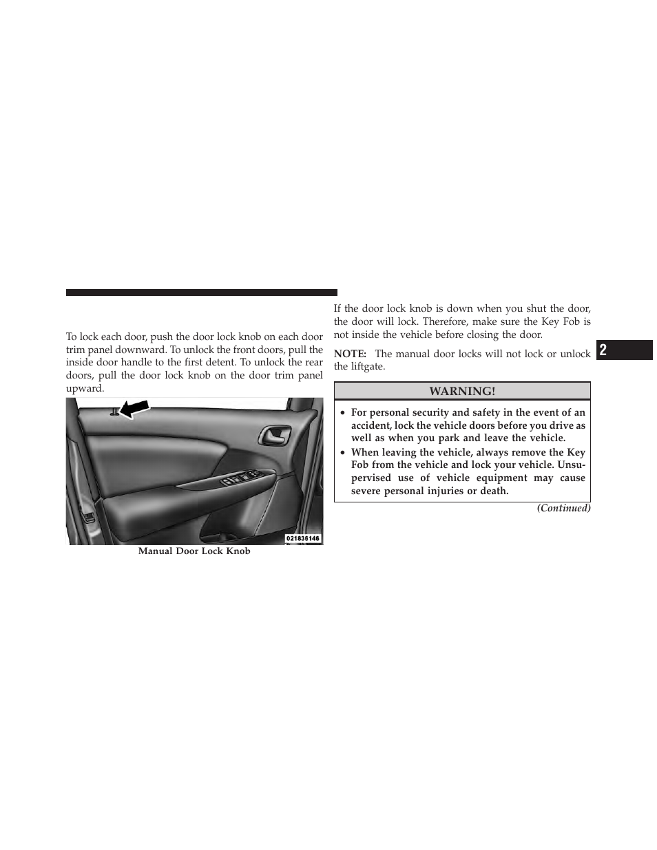 Door locks, Manual door locks | Dodge 2012 Journey - Owner Manual User Manual | Page 31 / 603
