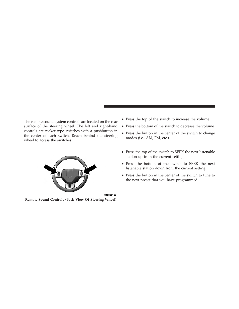 Steering wheel audio controls — if equipped, Right-hand switch functions, Left-hand switch functions for radio operation | Steering wheel audio controls, If equipped, Left-hand switch functions for radio, Operation | Dodge 2012 Journey - Owner Manual User Manual | Page 344 / 603