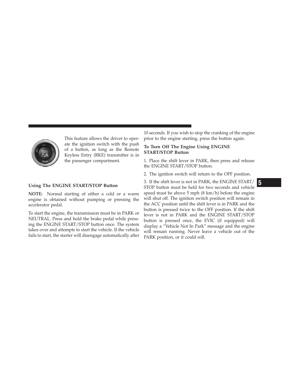 Keyless enter-n-go, Normal starting | Dodge 2012 Journey - Owner Manual User Manual | Page 371 / 603