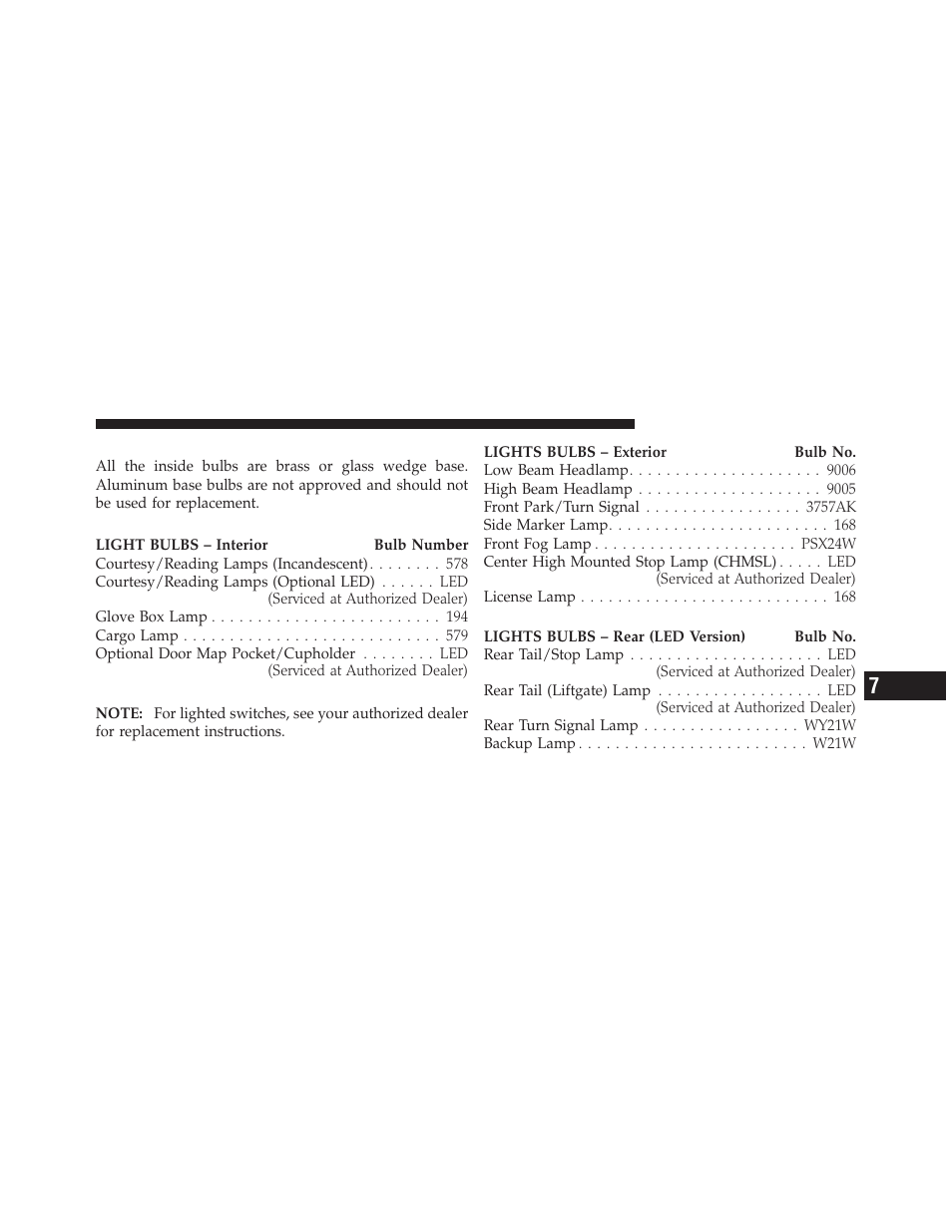 Replacement bulbs | Dodge 2012 Journey - Owner Manual User Manual | Page 543 / 603