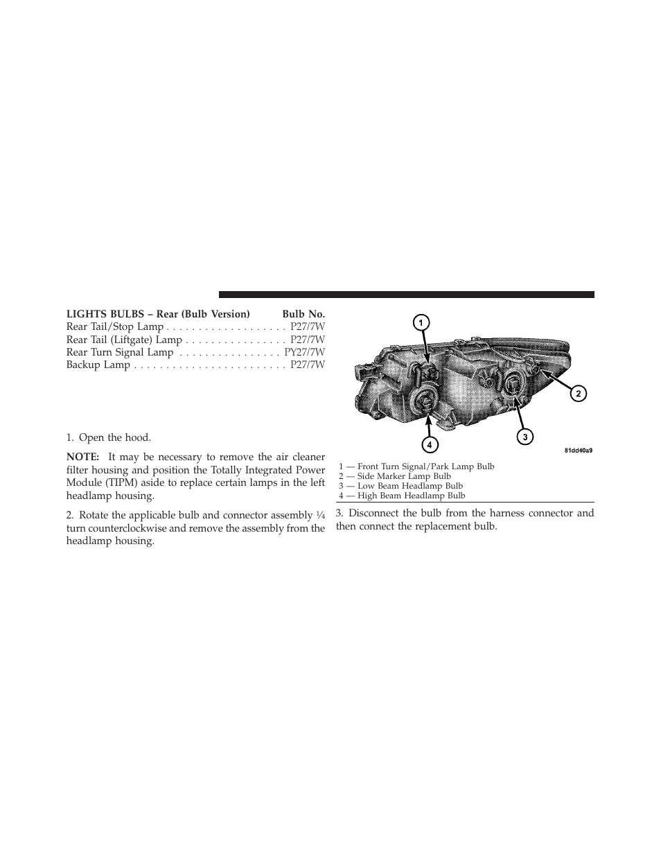 Bulb replacement, Front low/high beam headlamp, turn, Signal/park lamp, and side marker lamp | Dodge 2012 Journey - Owner Manual User Manual | Page 544 / 603