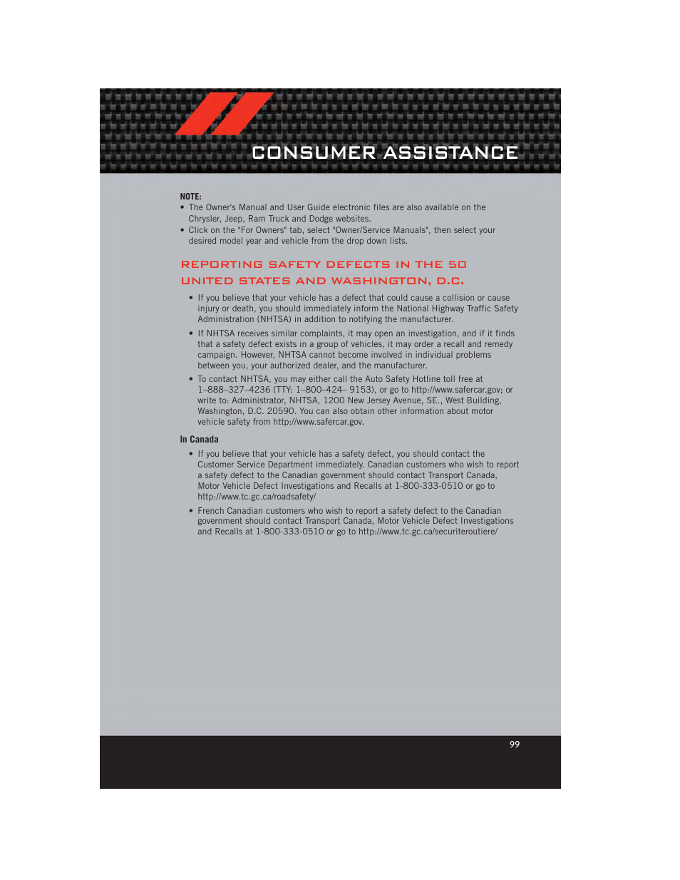 In canada, Consumer assistance | Dodge 2012 Journey - User Guide User Manual | Page 101 / 108