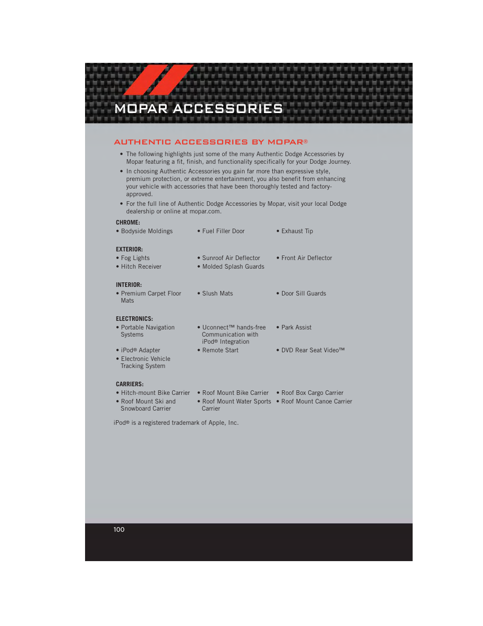 Mopar accessories, Authentic accessories by mopar | Dodge 2012 Journey - User Guide User Manual | Page 102 / 108