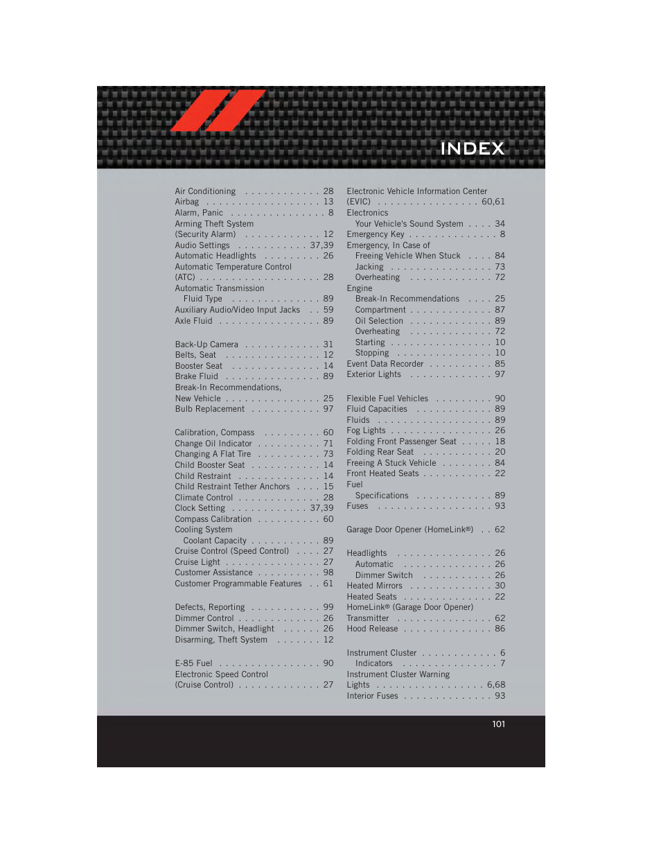 Index | Dodge 2012 Journey - User Guide User Manual | Page 103 / 108