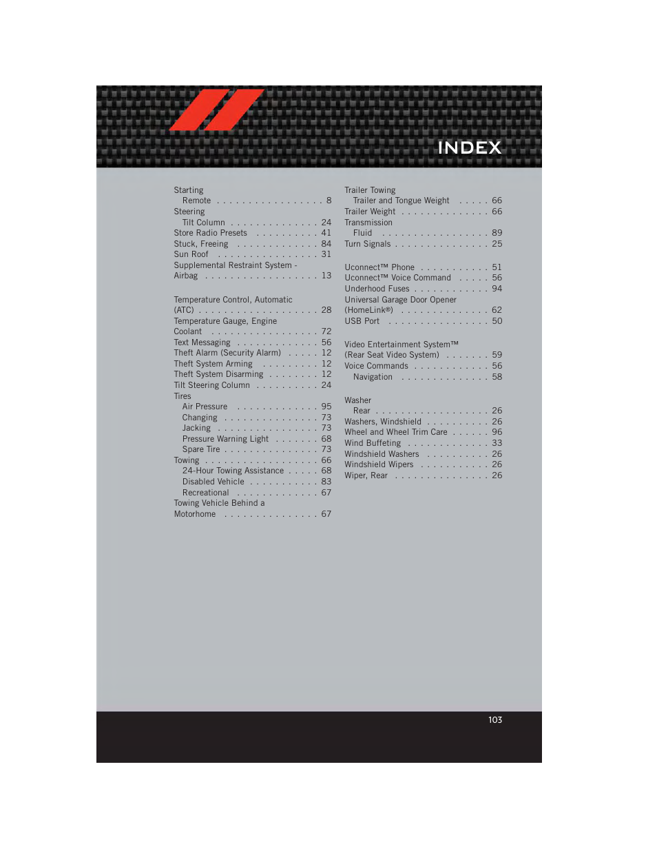 Index | Dodge 2012 Journey - User Guide User Manual | Page 105 / 108