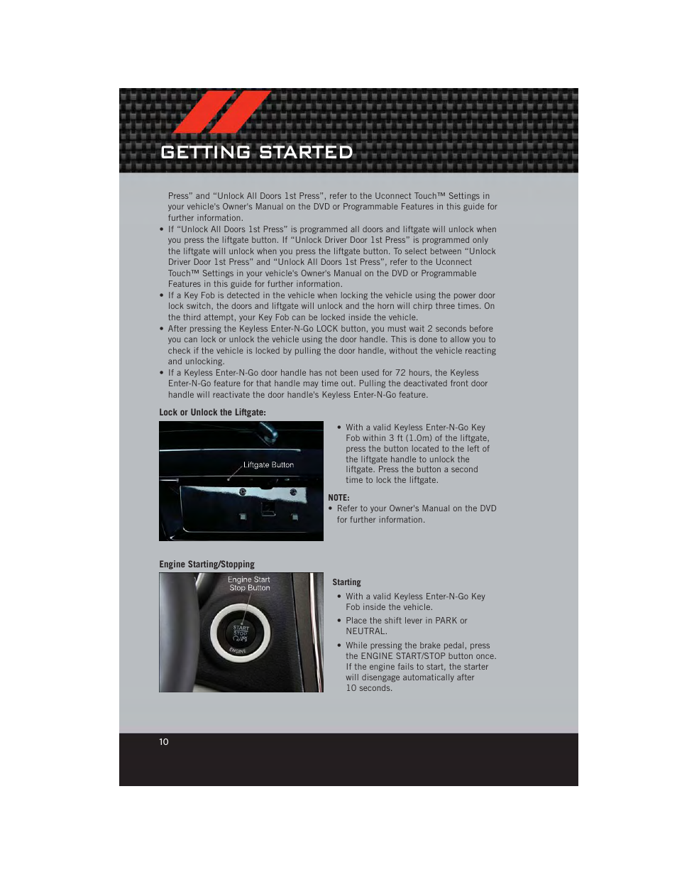 Lock or unlock the liftgate, Engine starting/stopping, Getting started | Dodge 2012 Journey - User Guide User Manual | Page 12 / 108