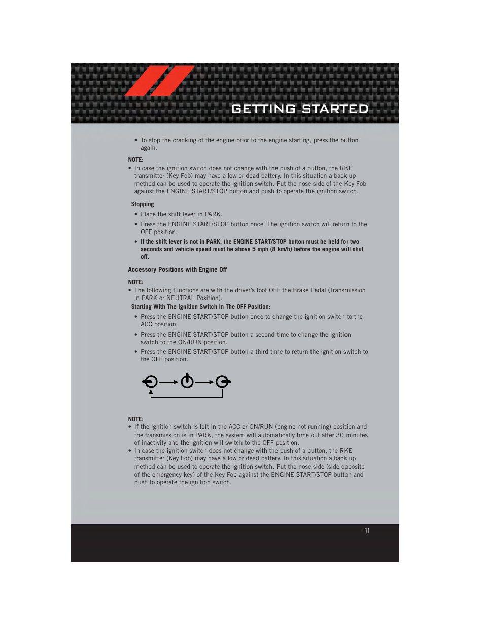 Accessory positions with engine off, Getting started | Dodge 2012 Journey - User Guide User Manual | Page 13 / 108