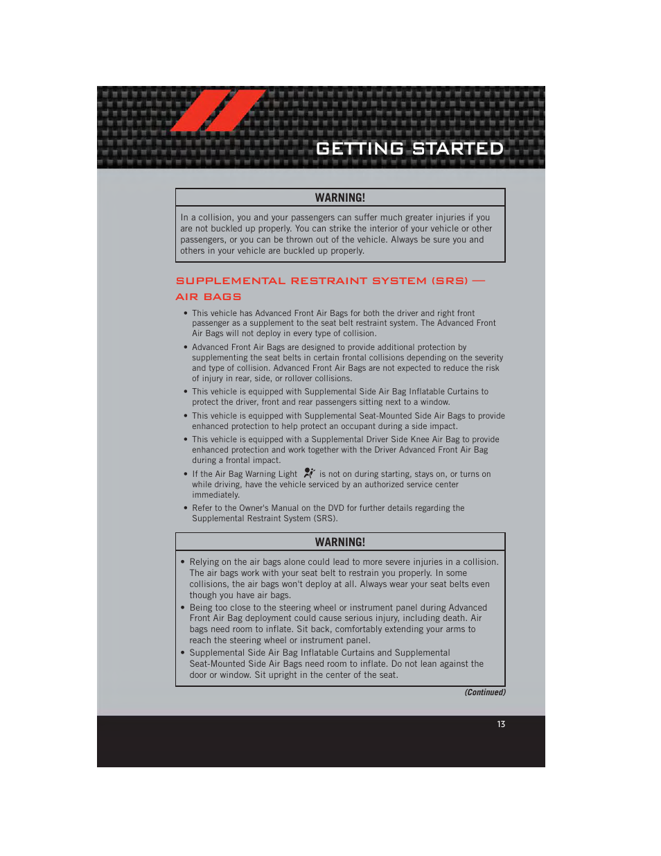 Supplemental restraint system (srs) — air bags, Getting started | Dodge 2012 Journey - User Guide User Manual | Page 15 / 108