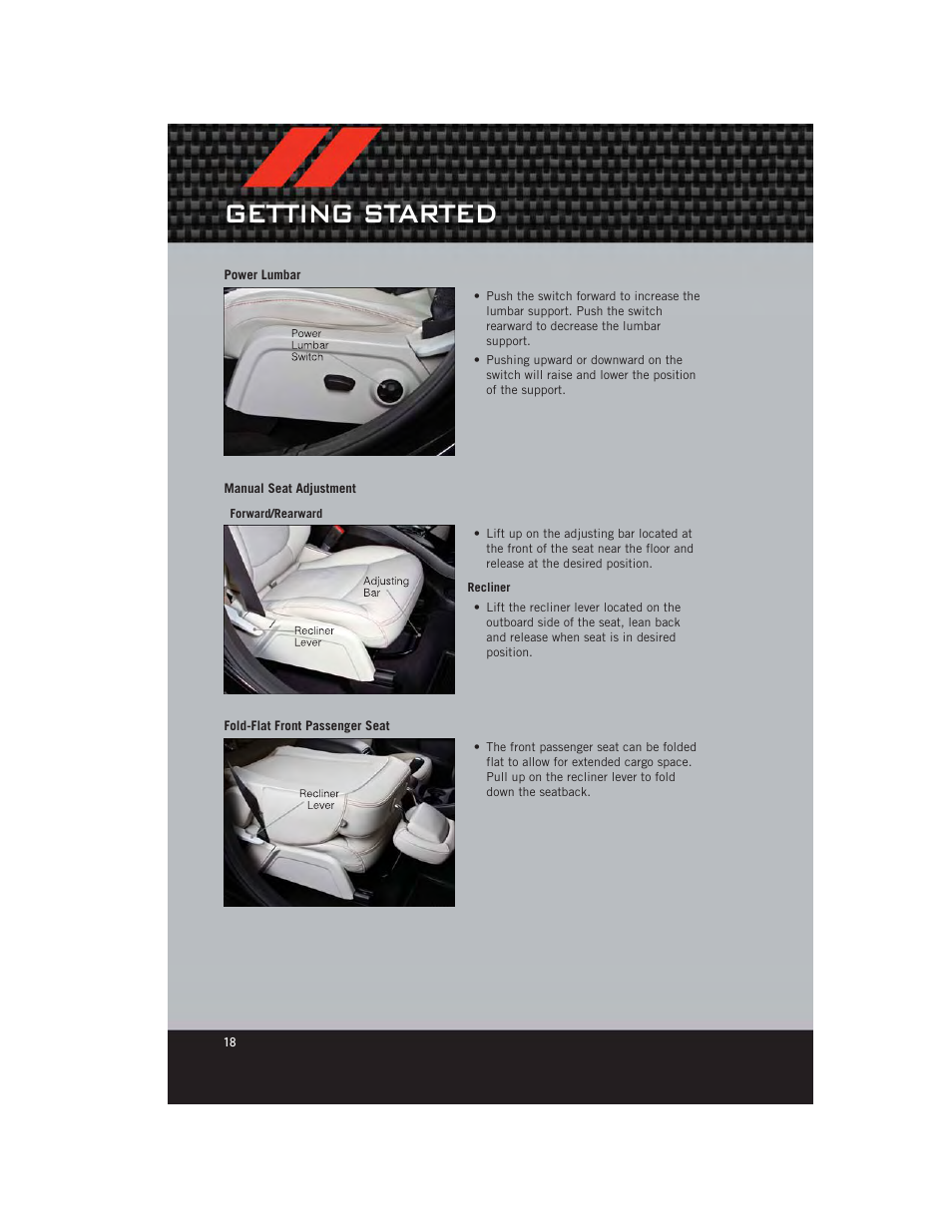 Power lumbar, Manual seat adjustment, Fold-flat front passenger seat | Getting started | Dodge 2012 Journey - User Guide User Manual | Page 20 / 108