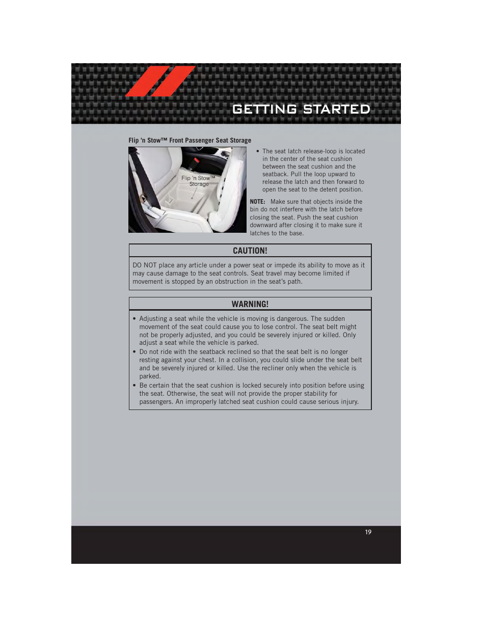 Flip 'n stow™ front passenger seat storage, Getting started | Dodge 2012 Journey - User Guide User Manual | Page 21 / 108