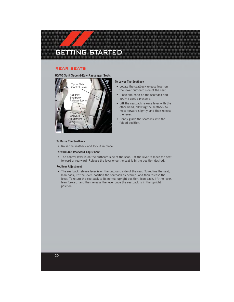 Rear seats, 60/40 split second-row passenger seats, Getting started | Dodge 2012 Journey - User Guide User Manual | Page 22 / 108