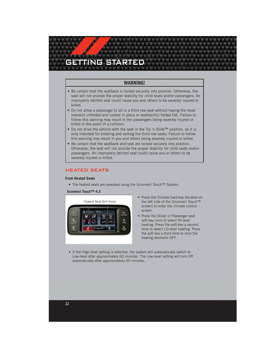 Heated seats, Front heated seats, Getting started | Dodge 2012 Journey - User Guide User Manual | Page 24 / 108