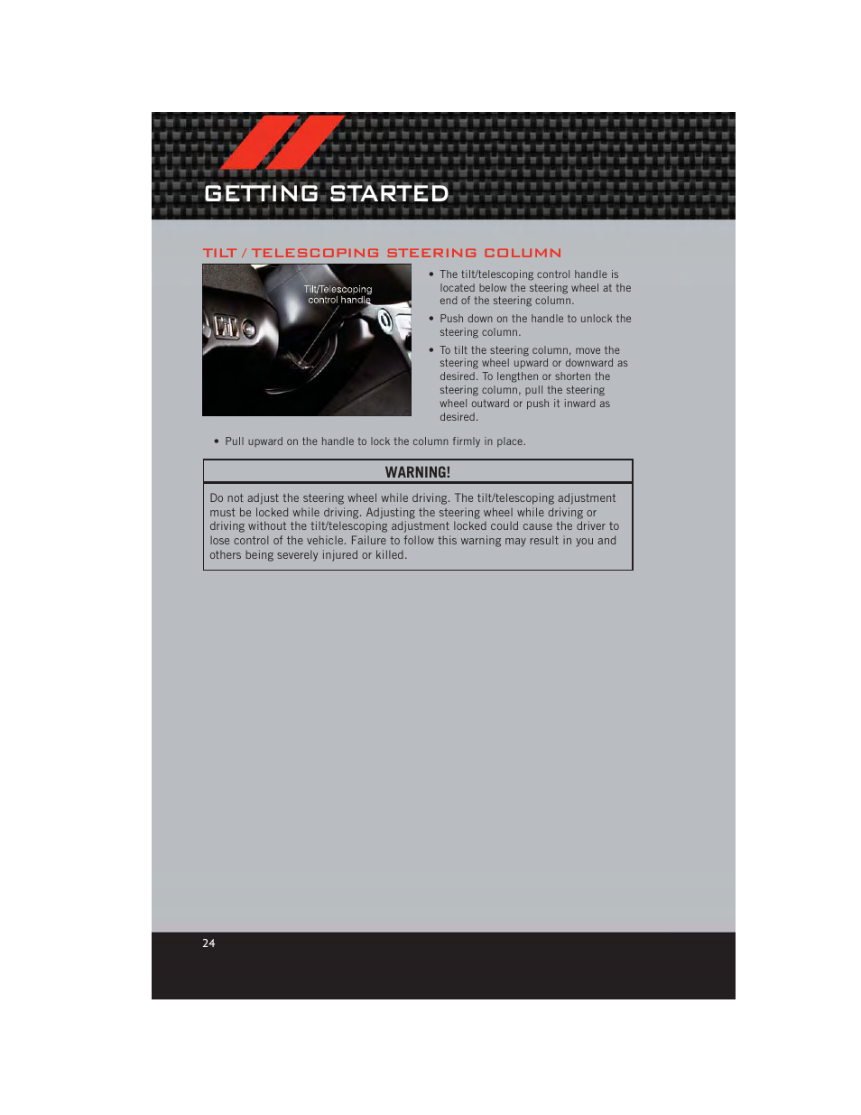 Tilt / telescoping steering column, Getting started | Dodge 2012 Journey - User Guide User Manual | Page 26 / 108