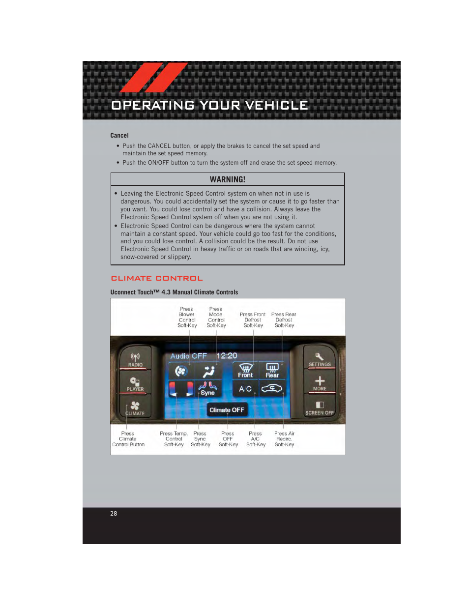 Cancel, Climate control, Uconnect touch™ 4.3 manual climate controls | Operating your vehicle | Dodge 2012 Journey - User Guide User Manual | Page 30 / 108