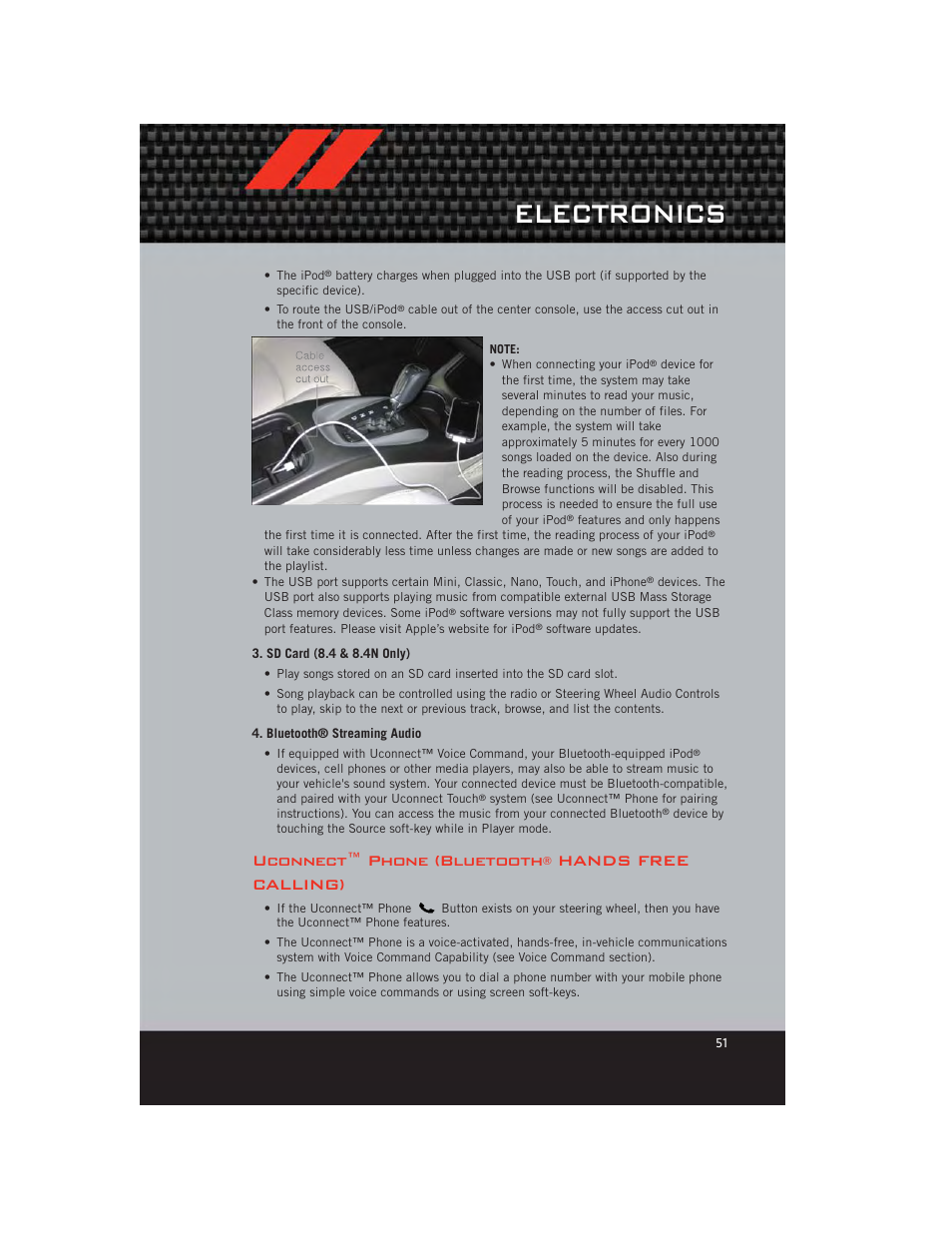 Sd card (8.4 & 8.4n only), Bluetooth® streaming audio, Uconnect™ phone (bluetooth® hands free calling) | Electronics, Uconnect™ phone (bluetooth, Hands free calling) | Dodge 2012 Journey - User Guide User Manual | Page 53 / 108