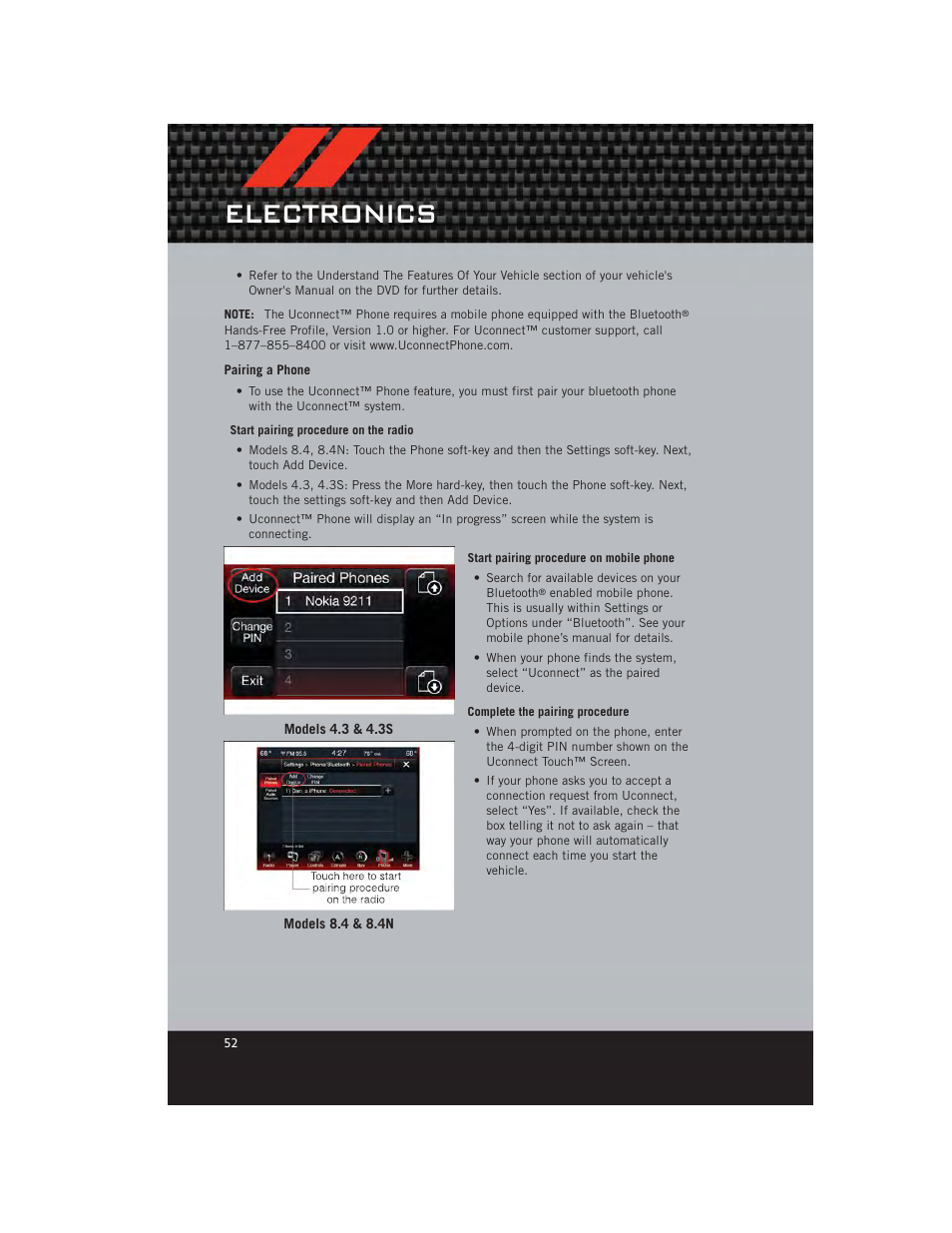 Pairing a phone, Electronics | Dodge 2012 Journey - User Guide User Manual | Page 54 / 108