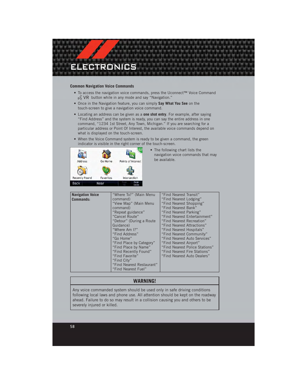 Common navigation voice commands, Electronics | Dodge 2012 Journey - User Guide User Manual | Page 60 / 108