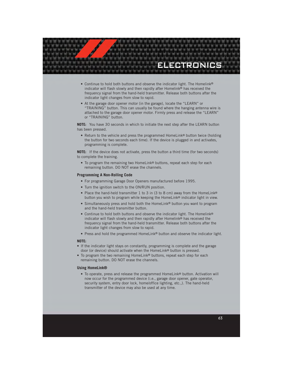 Programming a non-rolling code, Using homelink, Electronics | Dodge 2012 Journey - User Guide User Manual | Page 65 / 108