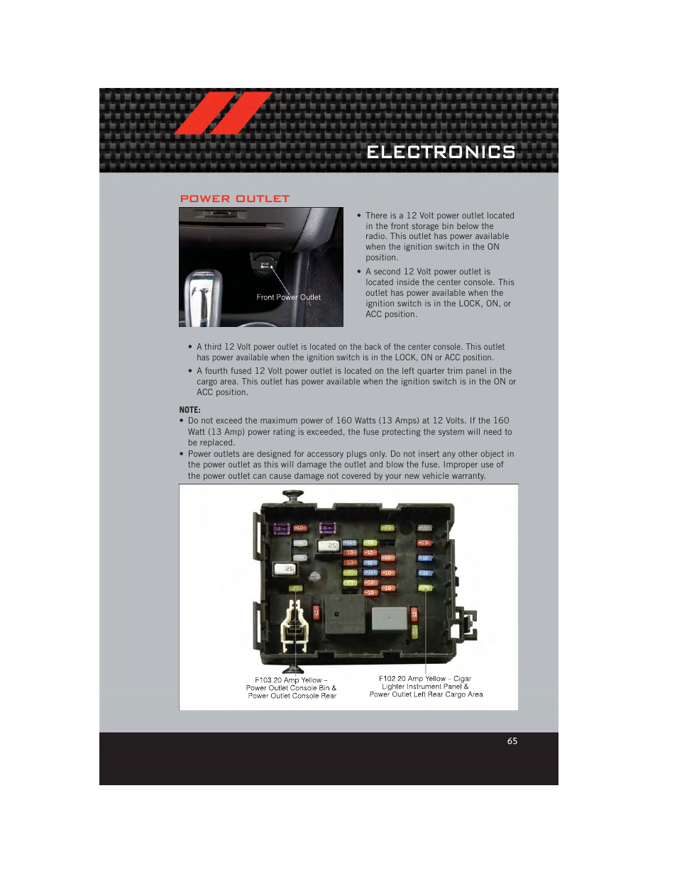 Power outlet, Electronics | Dodge 2012 Journey - User Guide User Manual | Page 67 / 108