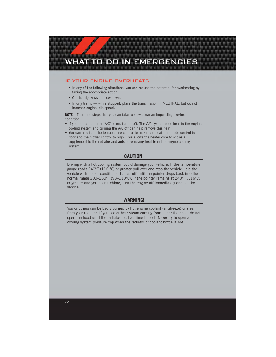 If your engine overheats, What to do in emergencies | Dodge 2012 Journey - User Guide User Manual | Page 74 / 108