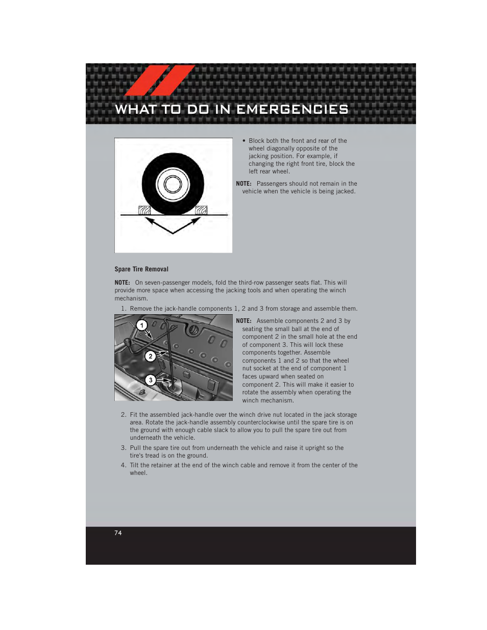 Spare tire removal, What to do in emergencies | Dodge 2012 Journey - User Guide User Manual | Page 76 / 108