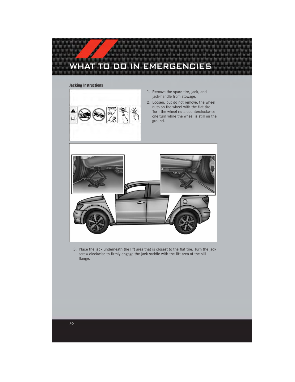 Jacking instructions, What to do in emergencies | Dodge 2012 Journey - User Guide User Manual | Page 78 / 108