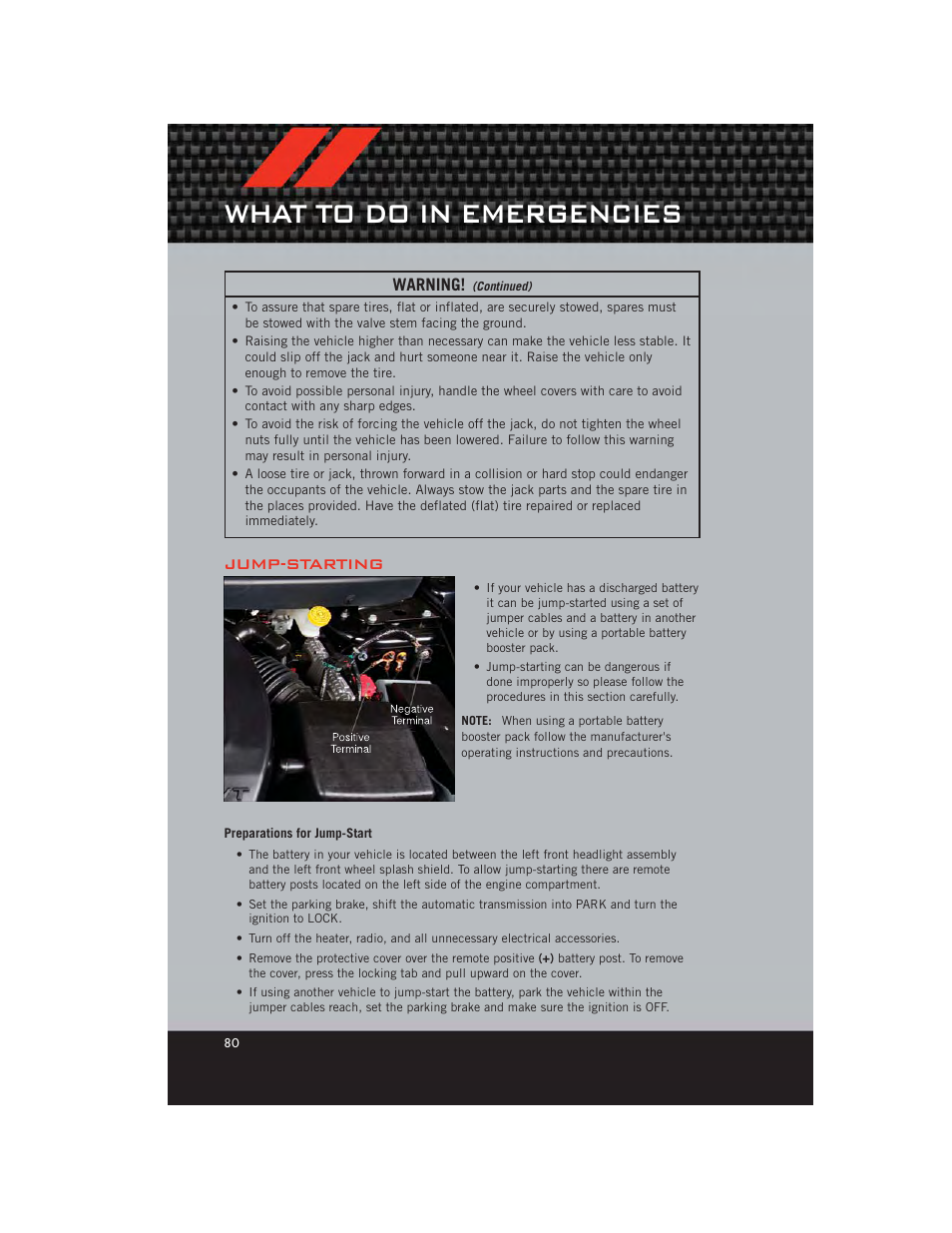 Jump-starting, Preparations for jump-start, What to do in emergencies | Dodge 2012 Journey - User Guide User Manual | Page 82 / 108