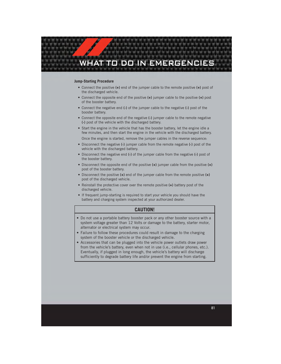 Jump-starting procedure, What to do in emergencies, Caution | Dodge 2012 Journey - User Guide User Manual | Page 83 / 108
