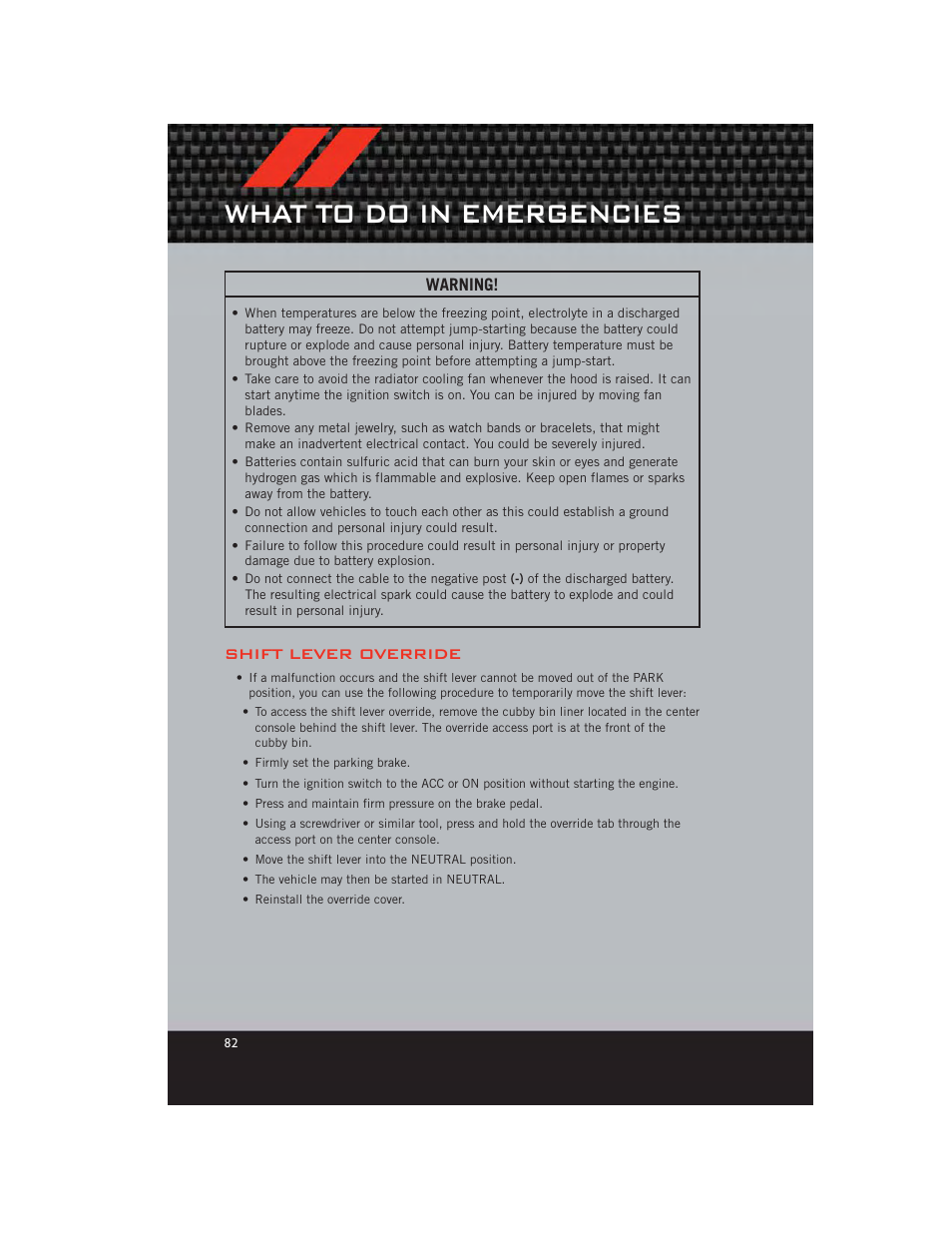 Shift lever override, Towing a disabled vehicle, What to do in emergencies | Dodge 2012 Journey - User Guide User Manual | Page 84 / 108