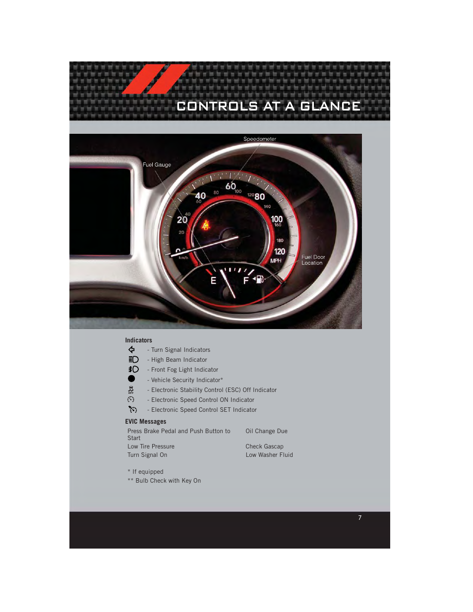 Indicators, Evic messages, Controls at a glance | Dodge 2012 Journey - User Guide User Manual | Page 9 / 108