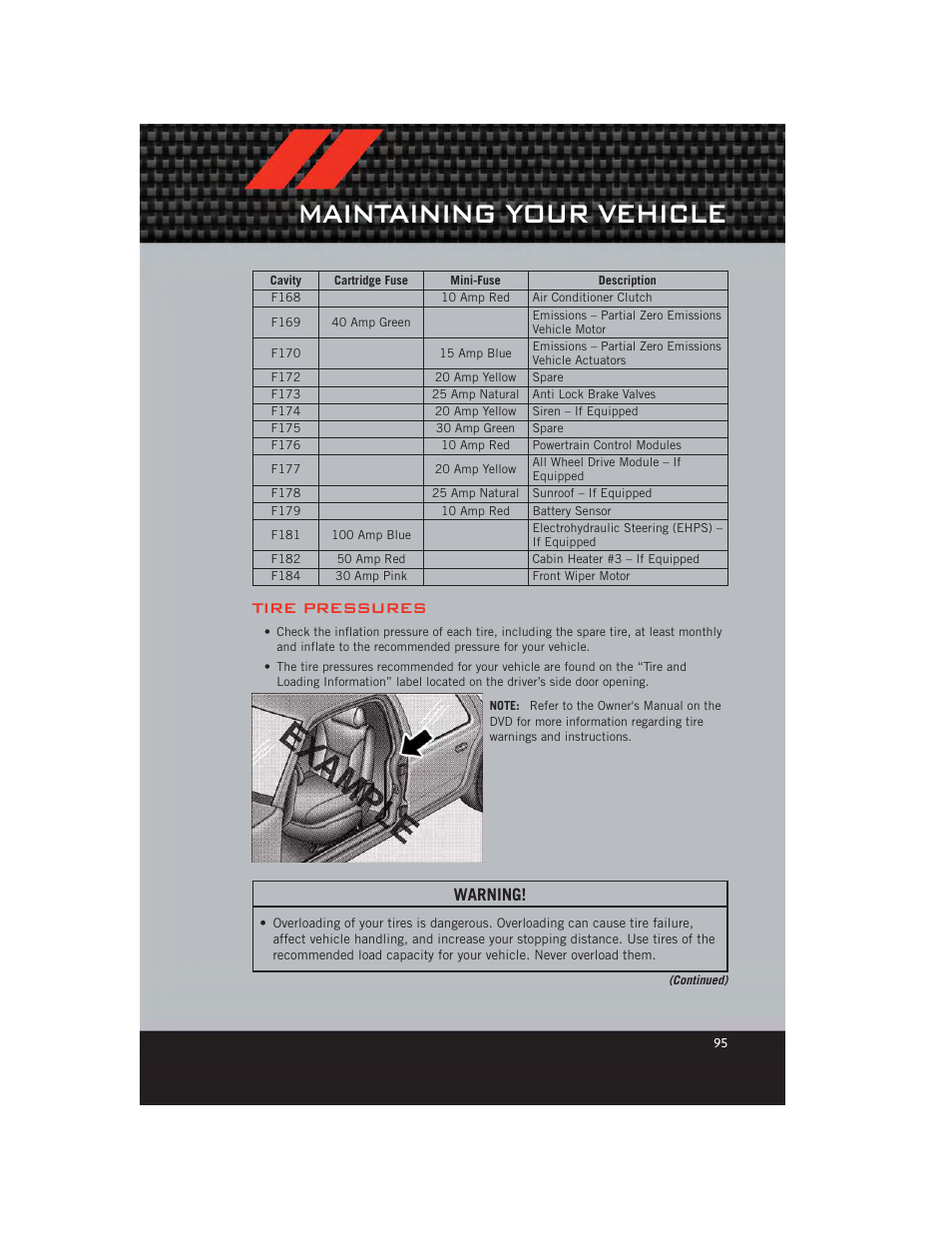 Tire pressures, Maintaining your vehicle, Warning | Dodge 2012 Journey - User Guide User Manual | Page 97 / 108