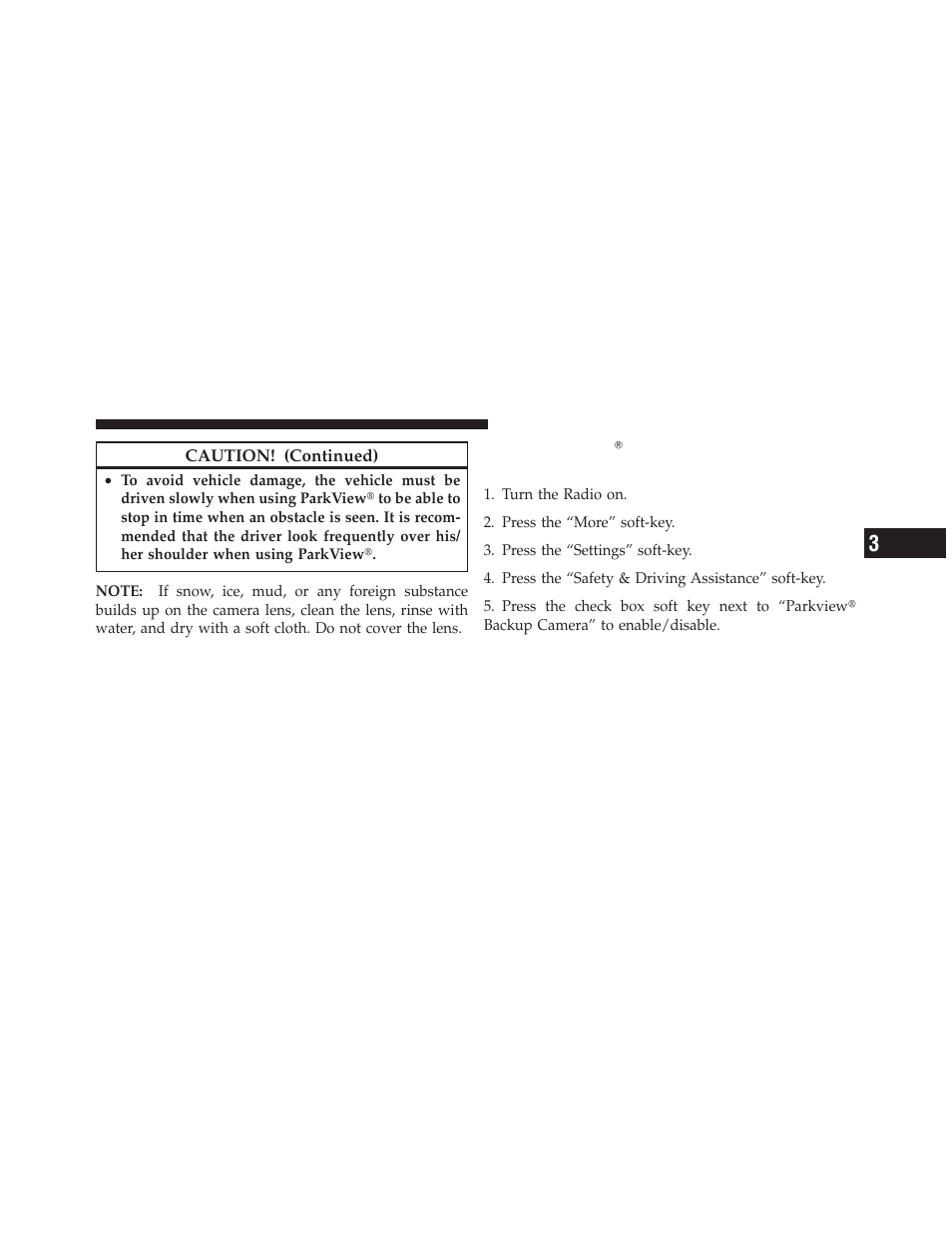 Turning parkview௡ on or off — with touch, Screen radio | Dodge 2013 Dart - Owner Manual User Manual | Page 249 / 604