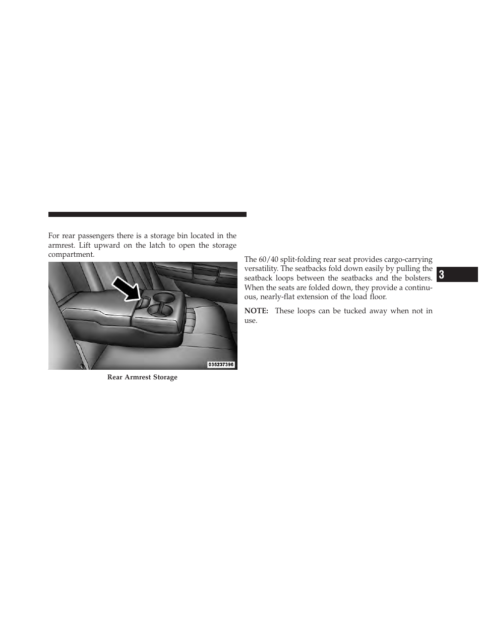 Rear seat armrest storage — if equipped, Cargo area features, Cargo area — vehicles equipped with 60/40 | Split-folding rear seat | Dodge 2013 Dart - Owner Manual User Manual | Page 273 / 604