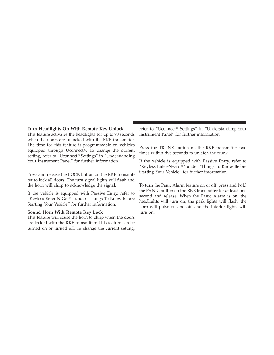 To lock the doors, To unlatch the trunk, Using the panic alarm | Dodge 2013 Dart - Owner Manual User Manual | Page 28 / 604