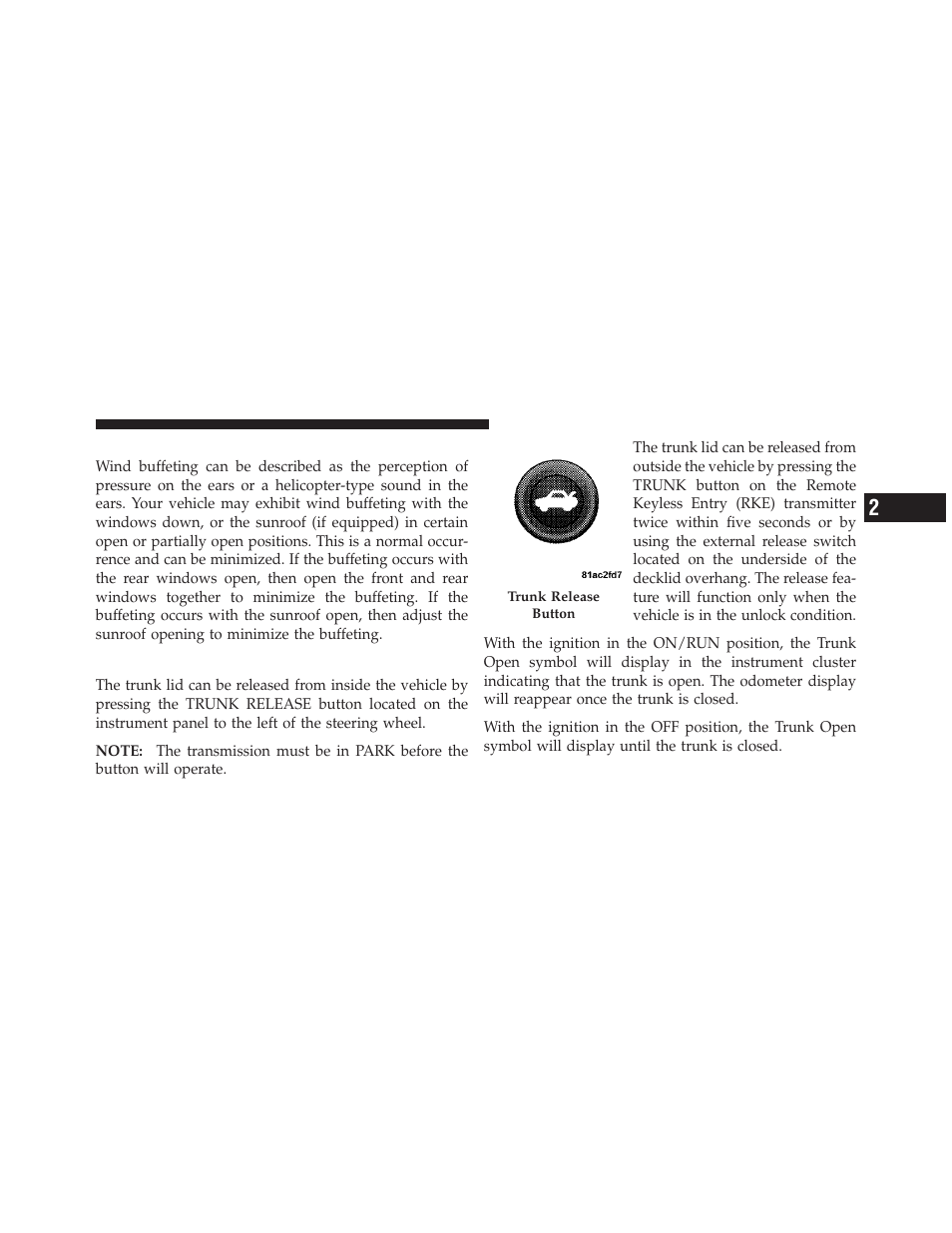 Wind buffeting, Trunk lock and release | Dodge 2013 Dart - Owner Manual User Manual | Page 47 / 604