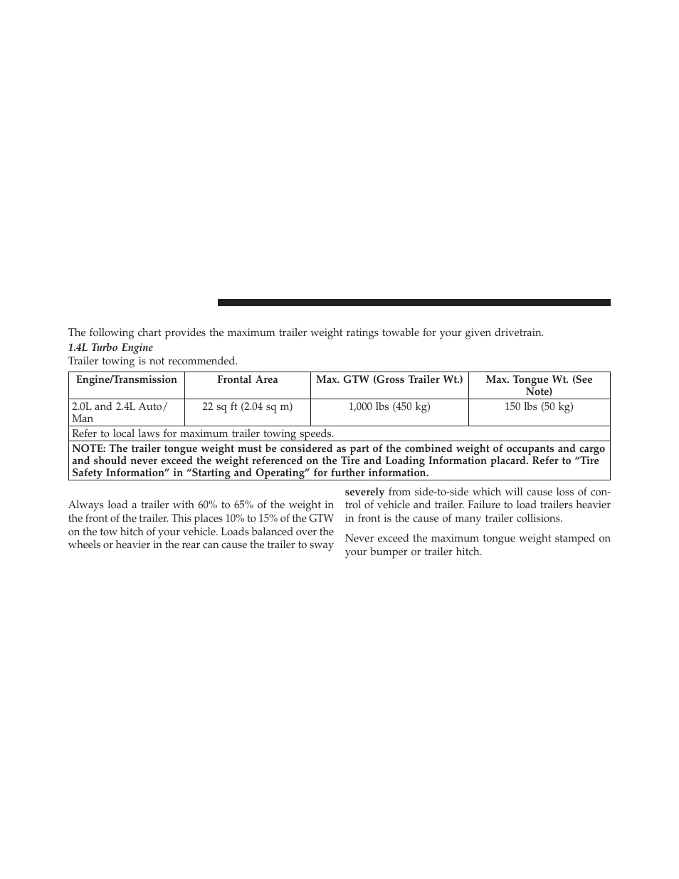 Trailer and tongue weight, Trailer towing weights (maximum trailer, Weight ratings) | Dodge 2013 Dart - Owner Manual User Manual | Page 472 / 604