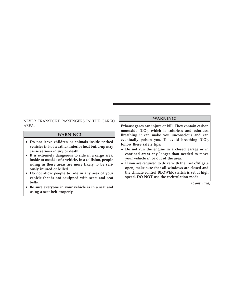 Safety tips, Transporting passengers, Exhaust gas | Dodge 2013 Dart - Owner Manual User Manual | Page 96 / 604