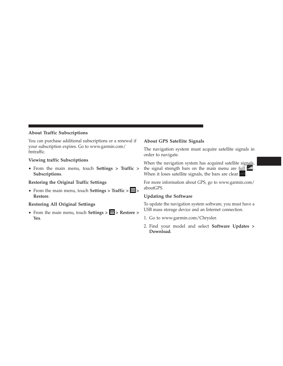 About traffic subscriptions, Restoring all original settings, Appendix | About gps satellite signals, Updating the software | Dodge 2013 Dart - Uconnect Manual User Manual | Page 110 / 140