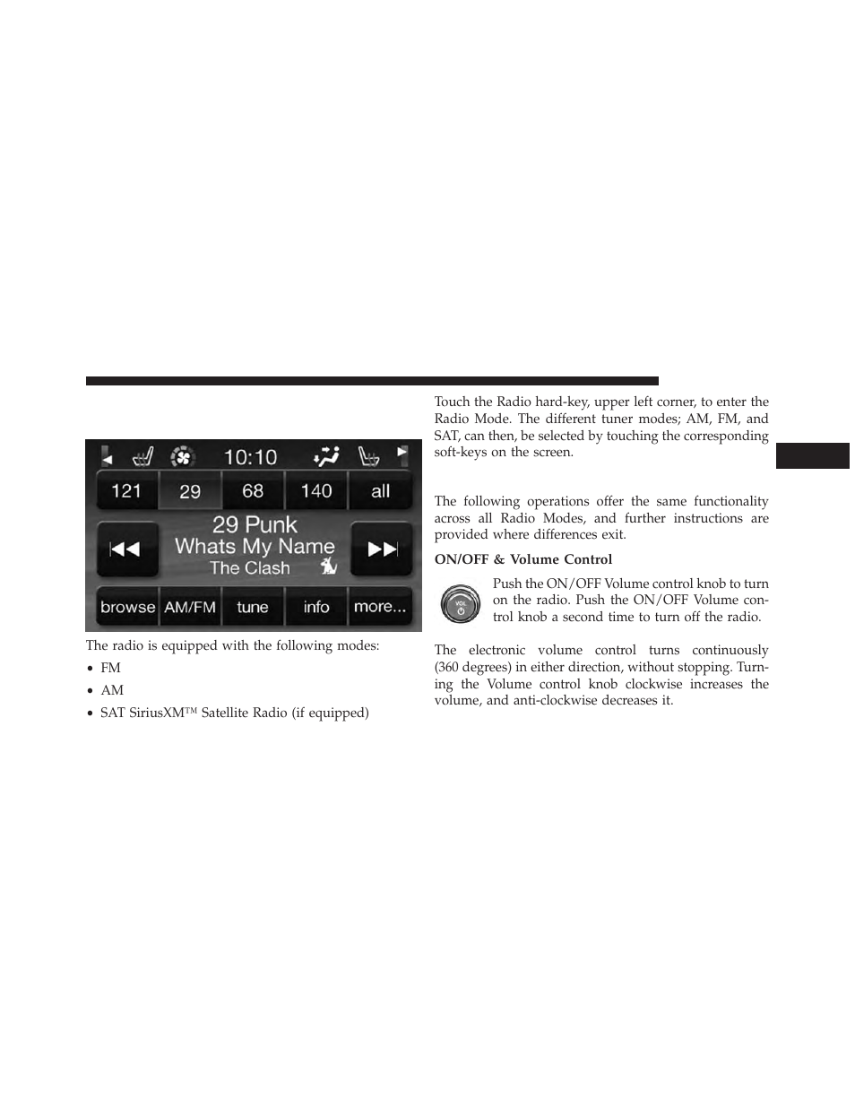 Radio mode, Overview, Common radio functions | On/off & volume control | Dodge 2013 Dart - Uconnect Manual User Manual | Page 14 / 140