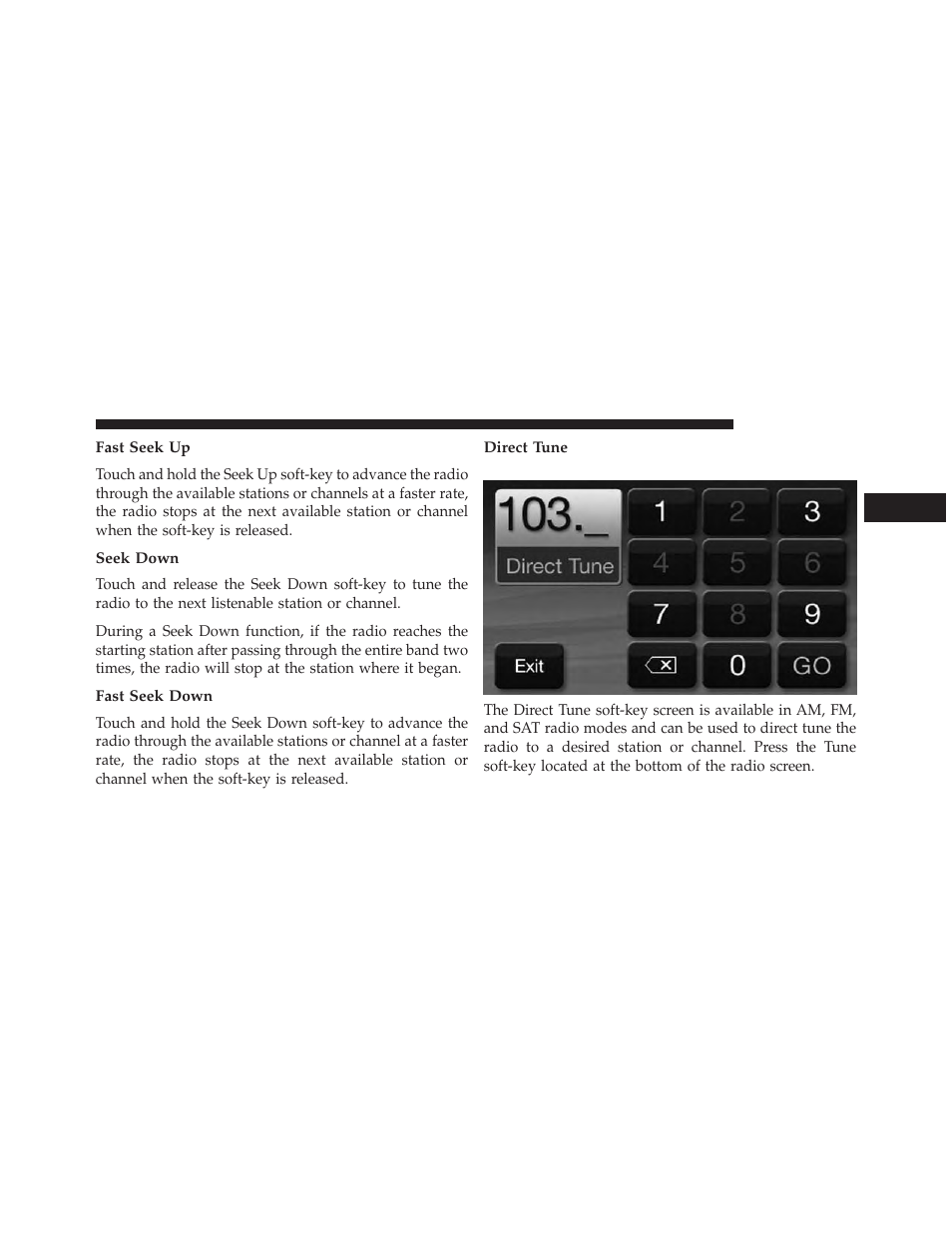 Fast seek up, Seek down, Fast seek down | Direct tune | Dodge 2013 Dart - Uconnect Manual User Manual | Page 16 / 140