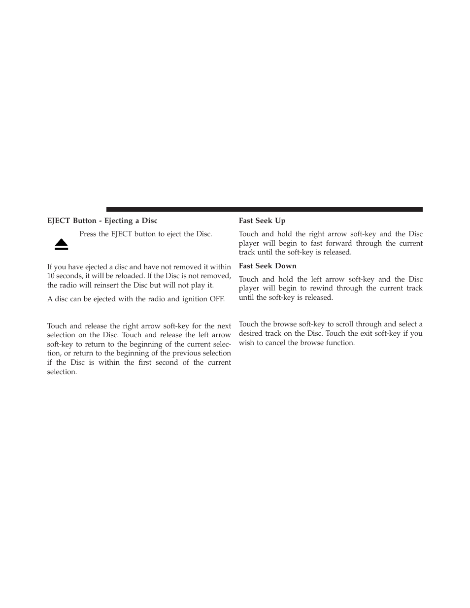 Eject button - ejecting a disc, Seek up/down, Fast seek up | Fast seek down, Browse | Dodge 2013 Dart - Uconnect Manual User Manual | Page 25 / 140