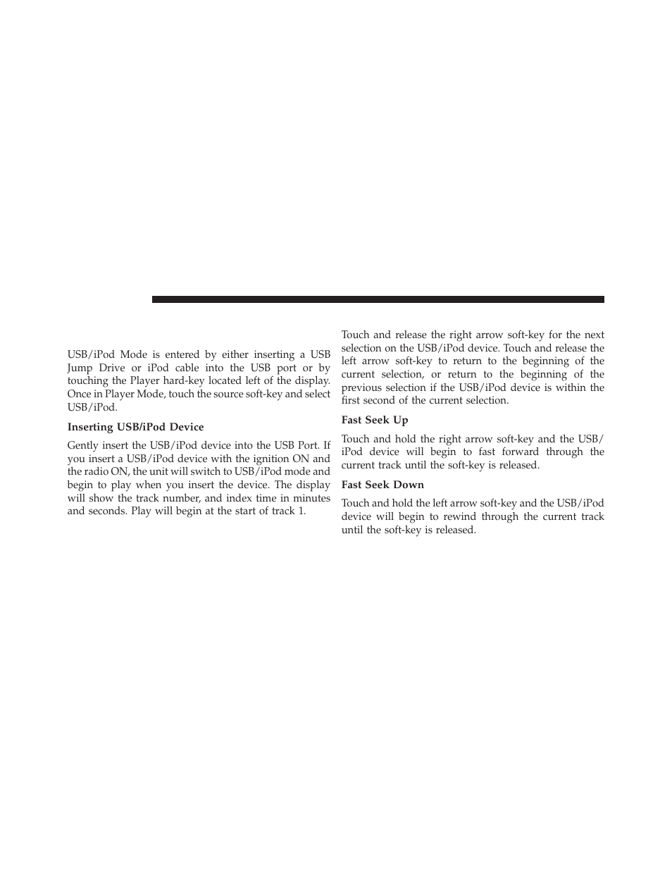 Usb/ipod mode, Overview, Inserting usb/ipod device | Seek up/down, Fast seek up, Fast seek down | Dodge 2013 Dart - Uconnect Manual User Manual | Page 27 / 140