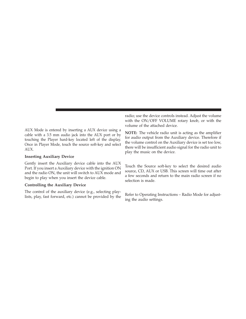 Aux mode, Overview, Inserting auxiliary device | Controlling the auxiliary device, Source, Audio | Dodge 2013 Dart - Uconnect Manual User Manual | Page 29 / 140