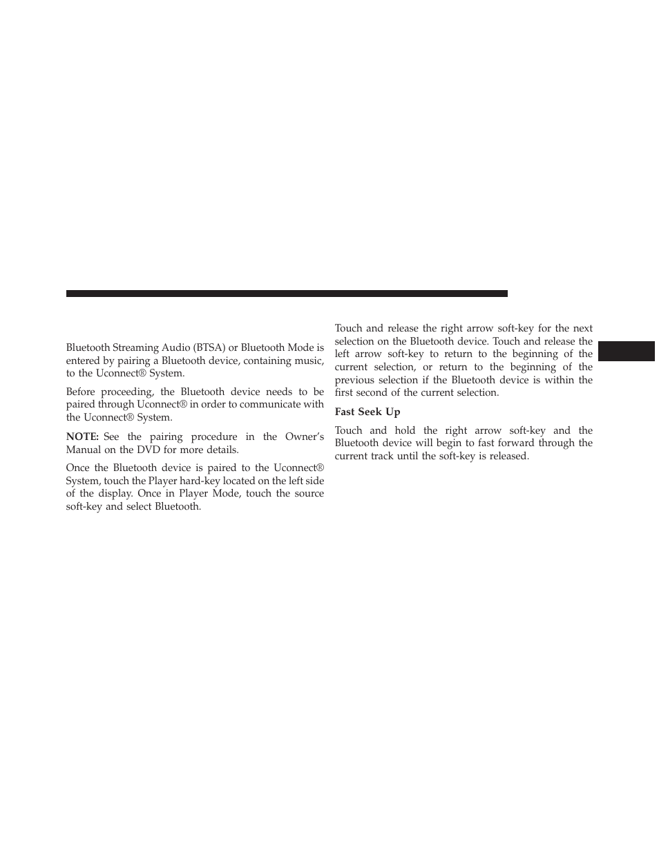 Bluetooth® mode, Overview, Seek up/down | Fast seek up | Dodge 2013 Dart - Uconnect Manual User Manual | Page 30 / 140