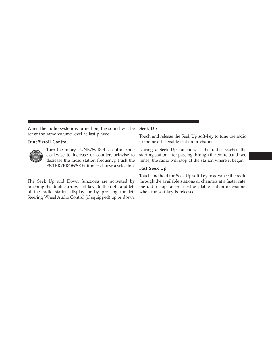 Tune/scroll control, Seek and direct tune functions, Seek up | Fast seek up | Dodge 2013 Dart - Uconnect Manual User Manual | Page 42 / 140