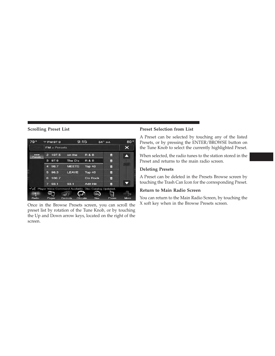 Scrolling preset list, Preset selection from list, Deleting presets | Return to main radio screen | Dodge 2013 Dart - Uconnect Manual User Manual | Page 46 / 140