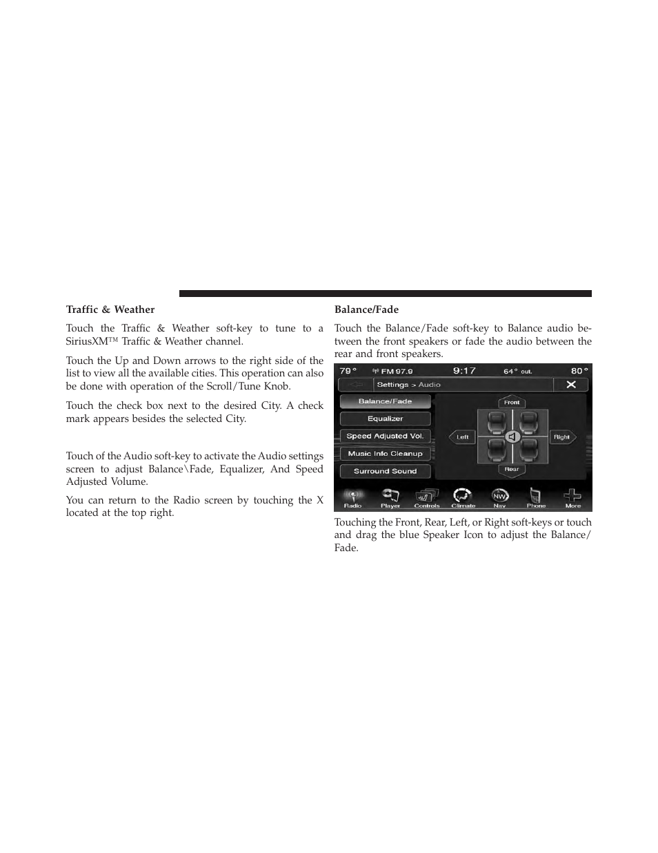 Traffic & weather, Audio, Balance/fade | Dodge 2013 Dart - Uconnect Manual User Manual | Page 55 / 140