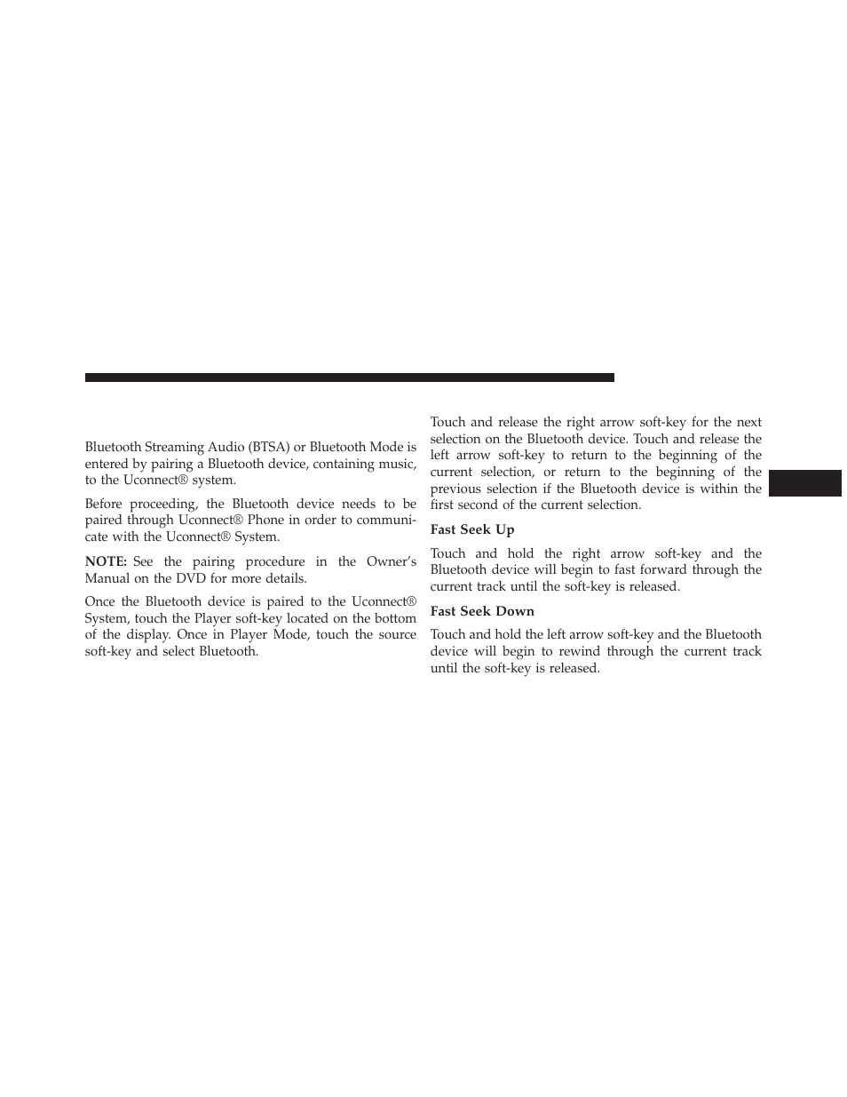 Bluetooth® mode, Overview, Seek up/down | Fast seek up, Fast seek down | Dodge 2013 Dart - Uconnect Manual User Manual | Page 78 / 140